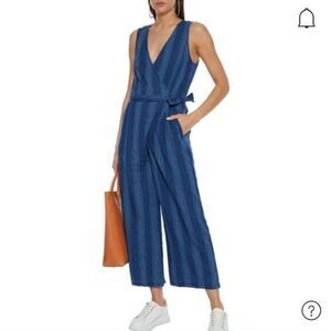 JOIE Xenia Cropped Striped Linen And Cotton-blend Wrap Jumpsuit In Ocean